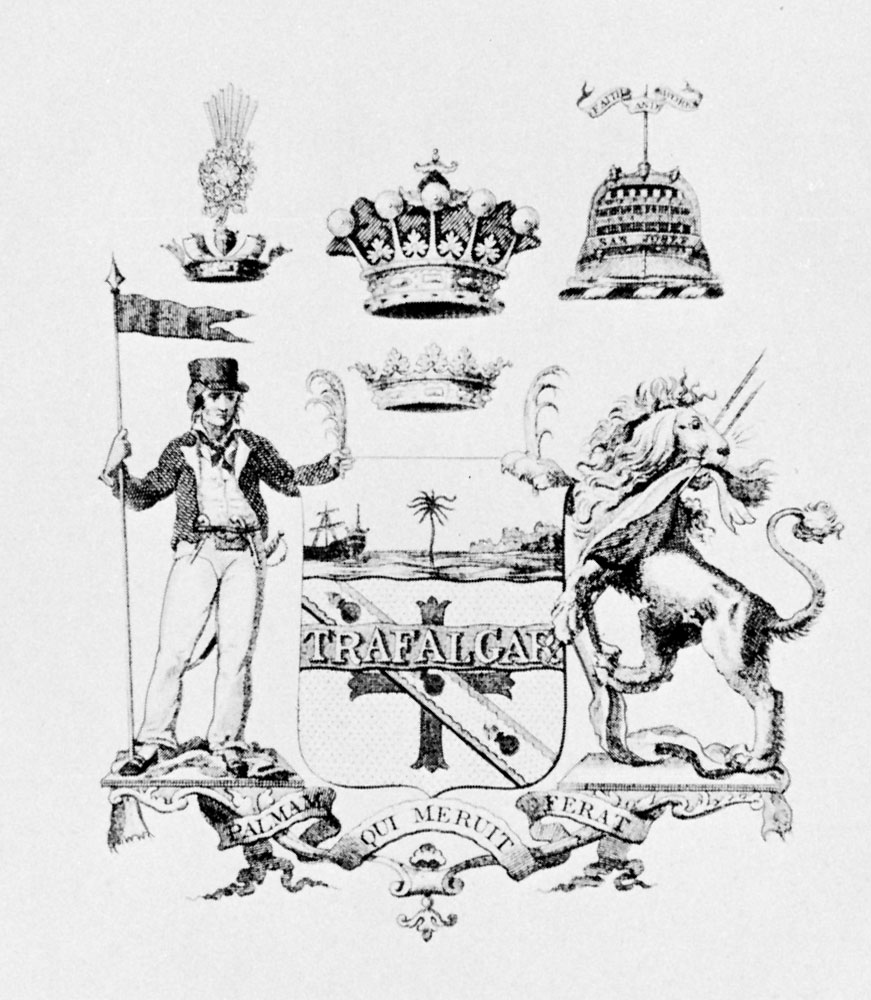 Armorial achievement of Admiral Horatio Nelson, hero of the Battle of Trafalgar, drawn in sepia, 1806.